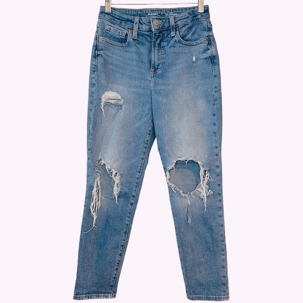 OLD navy OG‎ straight jeans women’s distressed high rise secret slim pockets 2